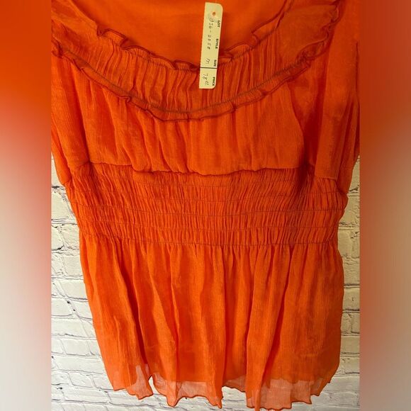 NWT Grifflin Paris Orange Babydoll Smocked Cap Sleeve Sheer 90s Boho Top Size S - Picture 3 of 8